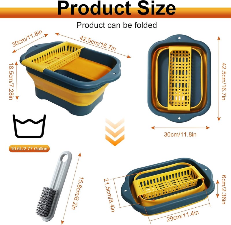 ZINSO 2.77 Gallon (10.5L) Collapsible Dish Basin with Drain Plug, Yellow Camping Dish Basin for RV, Space-Saving Foldable Wash Tub, BPA-Free Portable Sink for Vegetables and Dishes- with Brush - Image 2